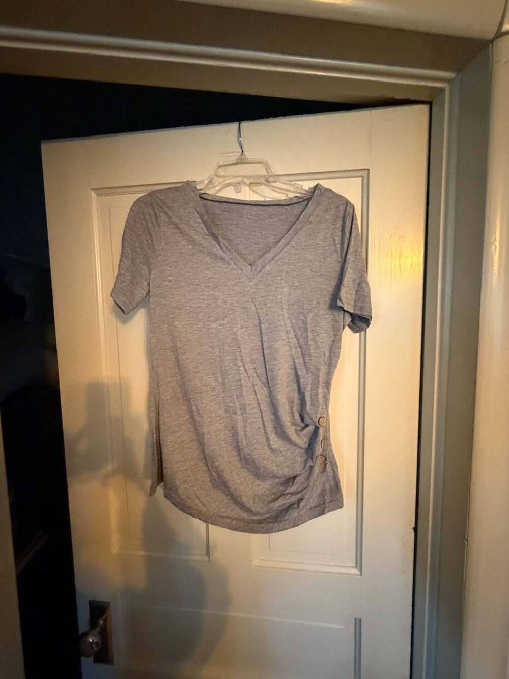 Emery Rose Grey V-Neck Short Sleeve Side Ruffle Button Detail Top